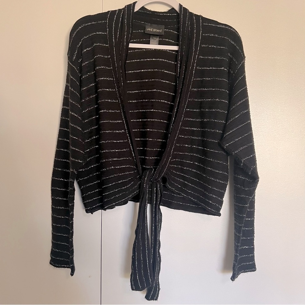 Lane Bryant Black and Silver Metallic Striped Tie Cardigan size 18/20